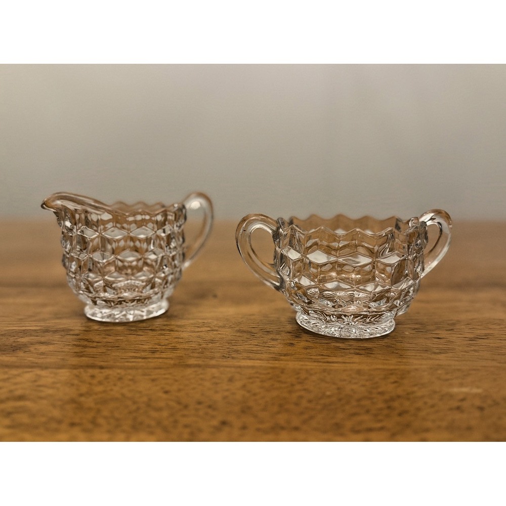 Fostoria American Glass Vintage Creamer and Sugar Bowl Set Cubist Clear 70s